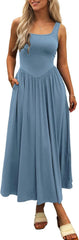 Women's Summer Maxi Dress 2025 - Sleeveless Square Neck Casual Beach Sundress with Pockets, Flowy Patchwork Knit