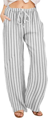Women Wide Leg Pants High Waisted Trousers Striped Linen Palazzo Lounge Beach Cover Ups Flowy Long Pant with Pockets