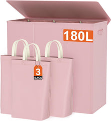 WOWLIVE 180L Laundry Hamper with Lid 3 Section,Large Laundry Basket with Removable Bags and Handles,Collapsible Dirty Clothes Hampers for Laundry,Laundry Basket Organizer for Laundry Room,Dorm,Black