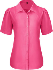 Button Down Shirts for Women Puff Short Sleeve Button Up Dress Shirts Collared Fitted Blouse Work Business Top