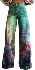 Women Wide Leg Flare Jeans with Pockets Baggy Pants Vintage Floral Print High Waisted Loose Jeans