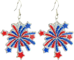 Pingyongchang Cute Funny American Flag Red Wine Acrylic Dangle Earrings 4th of July Red White Blue Heart Flower Lightning Bow Chicken Fireworks Glitter Patriotic Earring for Women