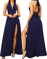 XinFSh Women's Halter V Neck Wedding Guest Maxi Dress Sexy High Slit Bow Tie Beach Vacation Long Formal Dresses