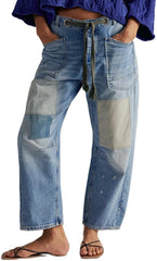 Mxiqqpltky Drawstring Barrel Jeans Women Low Rise Patchwork Y2k Mom Jeans Wide Leg Baggy Boyfriend Denim Pants Streetwear