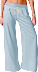 MARSVOVO Fashion Palazzo Pants for Women Classic Low Waisted Drawstring Wide Leg Trousers Summer Loose Pants