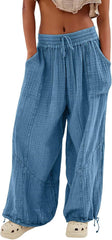 Womens Wide Leg Casual Pants Elastic High Waist Drawstring Stitching Baggy Trousers with Pockets Solid Color