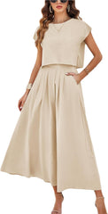 HangNiFang Summer Skirt Sets Women 2 Piece Outfits Cap Sleeve Top Elastic Waist Lightweight Maxi Dress Sets with Pockets