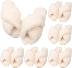 VAIPI 6 Pairs Womens Cross Band Slippers Fuzzy Plush House Bridesmaid Slipper White | Black | Pink Open Toe Fluffy Slipper Soft Warm Bridal Slippers