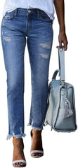 Ripped Jeans Womens Raw Hem High Waisted Jeans Y2k Stretchy Slim Fit Cropped Jean Tummy Control Curvy Skinny Jean