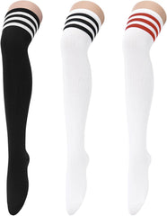 Century Star 3 Pairs Thigh High Socks for Women Over the Knee High Socks Triple Stripe Long Stockings Thigh Highs Leg Warmer