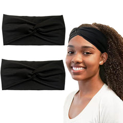 Hjiaruiky 2Pcs Turban Headbands for Women Boho Stretchy Fashion Headbands Fabric Twist Knotted Cloth Cute Thick Headband Head Wraps for Womens Girls Black Leopard