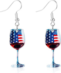 Pingyongchang Cute Funny American Flag Red Wine Acrylic Dangle Earrings 4th of July Red White Blue Heart Flower Lightning Bow Chicken Fireworks Glitter Patriotic Earring for Women
