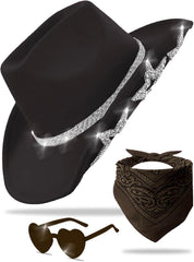 Cowboy Hat for Women Men 6 Sparkly Stars Brim & Rhinestone Belt Western Cowgirl Hat with Sunglasses Bandanas