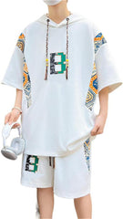 Men's Summer 2-Piece Set: Hooded Letter Color Blocking T-Shirt + Shorts