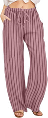 Women Wide Leg Pants High Waisted Trousers Striped Linen Palazzo Lounge Beach Cover Ups Flowy Long Pant with Pockets