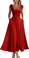 YMDUCH Women's Casual Short Sleeve Square Neck Solid Slim Flowy Maxi Dress with Pockets
