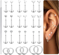 LOYALLOOK Threadless Flat Back Earrings 316L Surgical Steel Cartilage Earrings for Women Men Hypoallergenic Small Hoop CZ Push in Flatback Stud Earrings 20G 18G Flat Back Nose Stud Tragus Helix Conch Piercing Jewelry