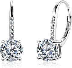 Moissanite Earrings, White Gold Plated Soild Sterling Silver Dangle Earrings 1.0ct-2.0ct D Color Brilliant Round Cut Lab Created Moissanite French Leverback Drop Earring for Women