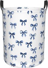 Blue Ribbon Bow Laundry Basket Waterproof Freestanding Laundry Hamper With Handles Foldable Clothes Organizer For Bathroom, Bedroom And Dorm Medium