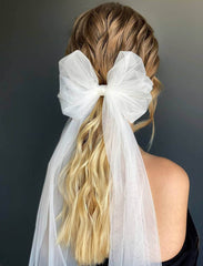 JEAIRTS Bridal Hair Bow Veil Pearl Wedding Hair Piece White Tulle Bow with Clip Bachelorette Party Hair Accessories for Women