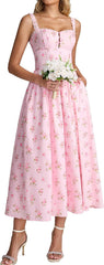 KUTUMAI Women Summer Lace Square Neck Midi Dress Corset Smocked Flowy A Line Beach Wedding Guest Dresses with Pockets