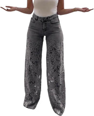 Women's Lace Patchwork Hollow Jeans, Casual Vintage Baggy Straight Wide Leg Denim Pants, Floral Hollow Out Pants