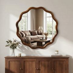 24 inch Wavy Round Solid Wood Frame Decorative Mirror