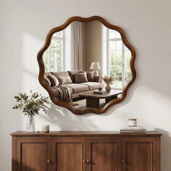 24 inch Wavy Round Solid Wood Frame Decorative Mirror