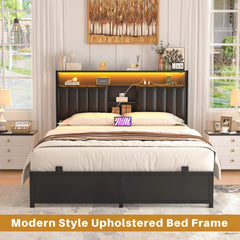 Upholstered Bed Frame with Storage Shelving, Platform Beds with Charge Station and LED Lights