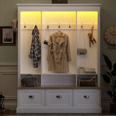 Elegant APP Controlled LED Light Hall Tree with 9 Hooks, Natural Storage Bench with 3 Large Cabinets, with Shelves