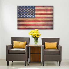 American Flag Print on Solid Fir Wood Plank Wall Art