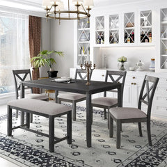 Merax Wooden 6-Piece Kitchen Dining Set with Bench and 4 Dining Chairs