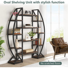Industrial Bookshelf, Oval Triple Wide 5 Tiers Etagere Bookcase - 11.81"D x 55.11"W x 69.68"H