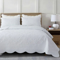 Wholinens Scalloped Edge Washed Microfiber Embroidered Damask Quilt Set 3 Pieces