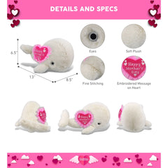 DolliBu Mothers Day Super Soft Plush White Whale Large with Pink Heart - 13 inches