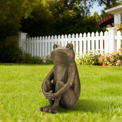 Glitzhome 12''H Resin Bronze Sitting Frog Statue Outdoor Garden Sculpture Decoration