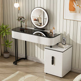 Modern Vanity Table with Tempered Glass Top, Adjustable Height Legs, Multi-functional Storage Cabinet and Round Mirror