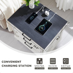 Farmhouse 3-Drawer Nightstand, Wide End Table with Charging Station