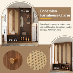 Farmhouse 4-in-1 Hall Tree with Rattan Doors and Storage Bench - 55.1" W × 15.7" D × 78.7" H