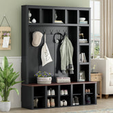 Wood Hall Tree with 6 Hooks, Practical Storage Bench with Adjustable Shelves Entryway Shoe Cabinet with 13 Cubbies