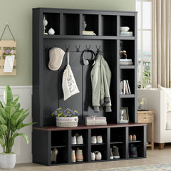 Wood Hall Tree with 6 Hooks, Practical Storage Bench with Adjustable Shelves Entryway Shoe Cabinet with 13 Cubbies