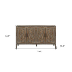HomeRoots 60" Natural and Brown Distressed Carved Geometric Sideboard with Four Doors - 59.8' X '33.9' X '15.7