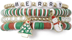 Christmas Bracelets Stackable Xmas Clay Beaded Stretch Friendship Bracelets Festive Bracelets Santa Claus Christmas Jewelry for Women Costume Party Favors