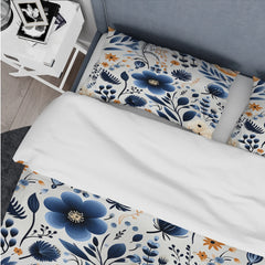 Designart "Nordic Blue Bloom Scandinavian Floral I" White Cottage Bedding Cover Set With 2 Shams