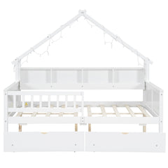 Full Size House Frame Platform Bed with LED Canopy, Storage Drawers & Bookshelf