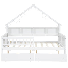 Full Size House Frame Platform Bed with LED Canopy, Storage Drawers & Bookshelf