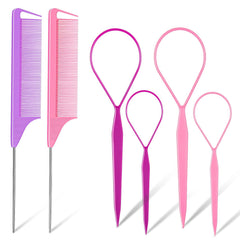 TsMADDTs 3Pack Hair Loop Tool Set with 2PCS French Braid Tool Loop 1PCS Rat Tail Comb Metal Pin Tail Braiding Comb for Hair Styling, Purple