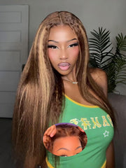 BGM GIRL Kinky Straight 3 in 1 Half Wig Human Hair Glueless Wear and Go No Lace Flip Over Wig With Adjustable Drawstring 180 Density Natural Look Wig For Women 16 Inch