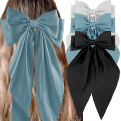 3Pcs Silky Satin Hair Bows for Women, Large Hair Barrettes, French Cute Hair Clips with Long Tails, Mexican Accessories (Beige, Khaki, Black)
