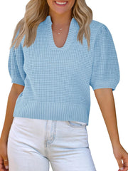 Saodimallsu Womens Puff Short Sleeve Sweater Top Waffle Knit V Neck Spring Summer Cropped Trendy Cute Shirts Blouses